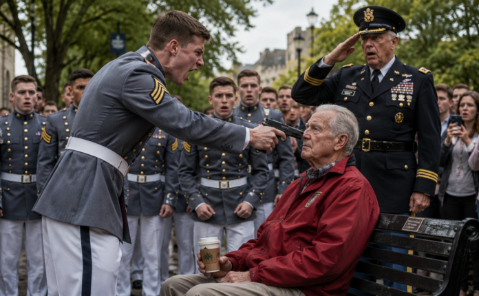 A cocky military cadet pressed a training pistol to an old man’s head, mocking his worn Marine pin and demanding respect in front of the whole park. But he didn’t know the quiet man he threatened was Gordon “Ghost” Whitaker — the Navy Cross legend who held Hill 742 alone for three days.