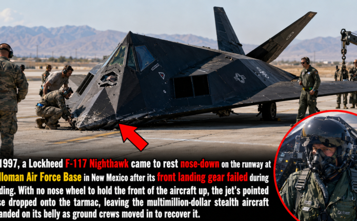 Before the F-117 Nighthawk became a legend of stealth warfare, one of America’s most secretive jets found itself in a helpless position — nose-down on a runway in New Mexico. Before the F-117 Nighthawk became a legend of stealth warfare, one of America’s most secretive jets found itself in a helpless position — nose-down on a runway in New Mexico.