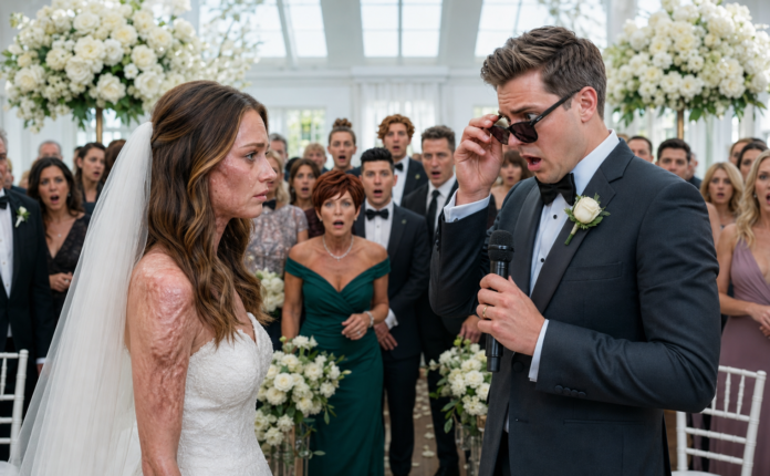 At my wedding, the guests m0cked my groom openly. “He must be blind to marry a woman with scars like that,” someone sneered. My husband didn’t react with anger. He simply picked up the microphone and looked calmly across the room. At my wedding, the guests m0cked my groom openly. “He must be blind to marry a woman with scars like that,” someone sneered. My husband didn’t react with anger. He simply picked up the microphone and looked calmly across the room.